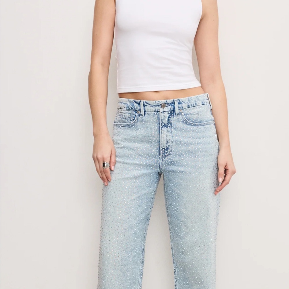 Good American Sky Blue Straight Leg Jeans Covered in Rhinestones